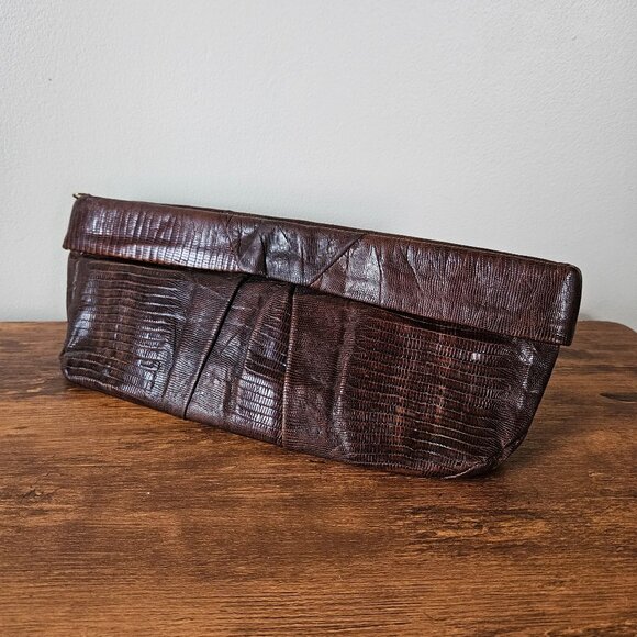 Vintage 30s Baguette Lizard Skin Brown Clutch - Picture 1 of 6
